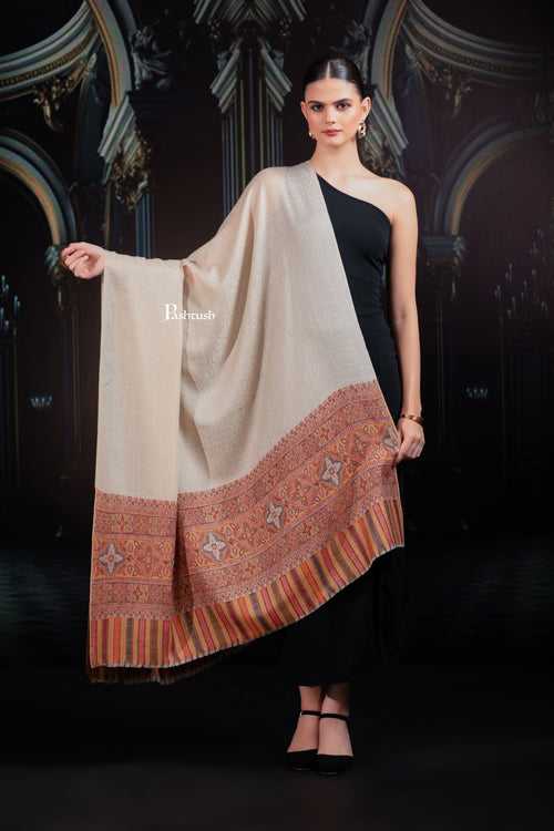 Pashtush Womens Extra Fine Wool Shawl, Woven Palla, Aztec  Design, Beige