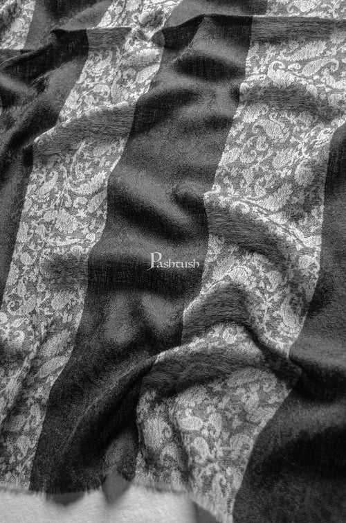 Pashtush Womens Extra Fine Wool Stole, Stripe Weave Design, Black