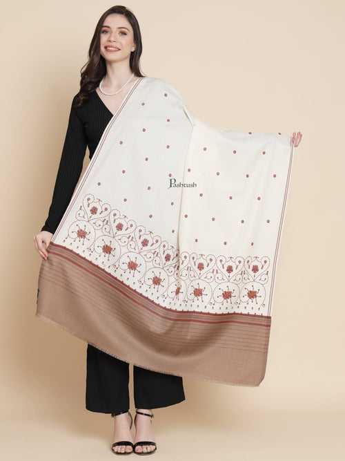 Pashtush womens Fine Wool shawl, kashmiri embroidery design, Ivory
