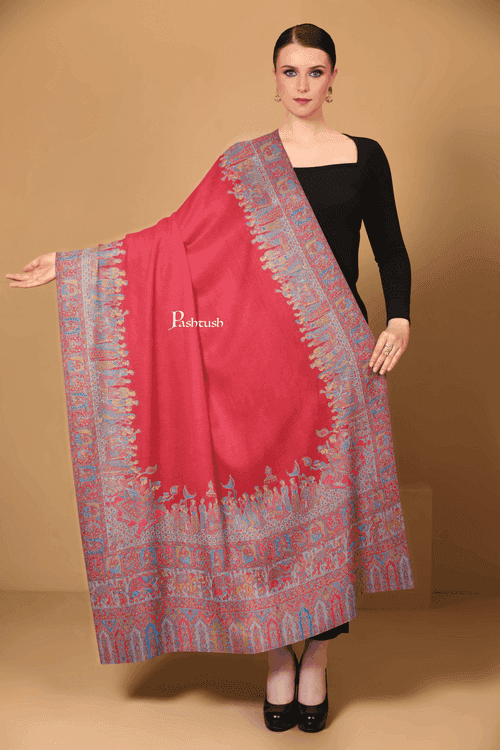 Pashtush Womens Fine Wool Shawl, Royal Darbar Palla, Woven Design, Red And Beige