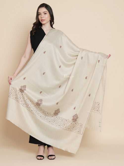 Pashtush womens Fine Wool shawl, tone and tone palla embroidery paisley design, Beige