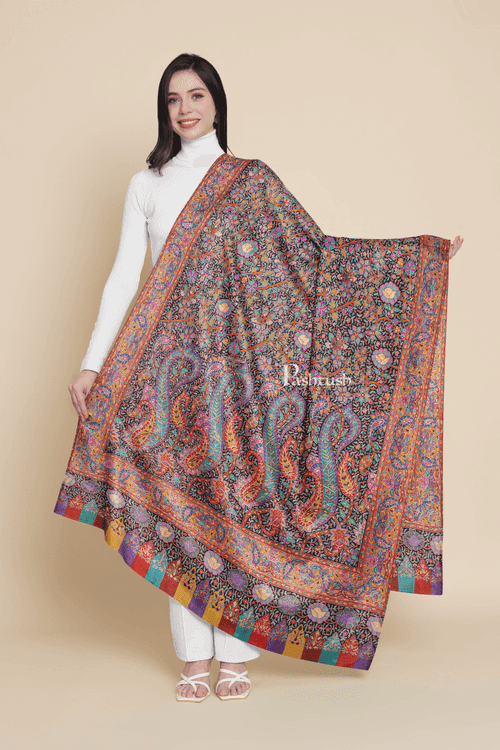 Pashtush Womens Pure Pashmina Shawl, Hand Painted And Embroidered Kalamkari Design, Multicolour