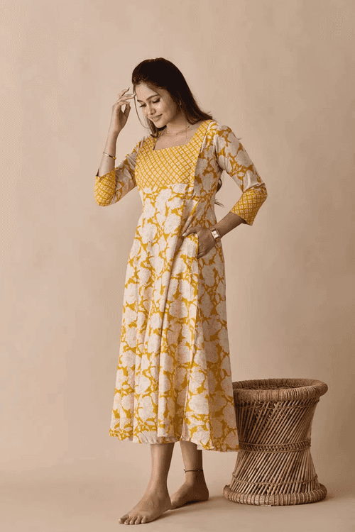 Yellow Magnolia Floral Cotton Dress - Nursing