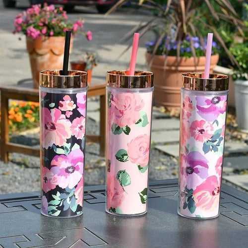 Beautiful Floral Double Wall Insulated Acrylic Tumbler with lid & straw | 450 ml | Reusable