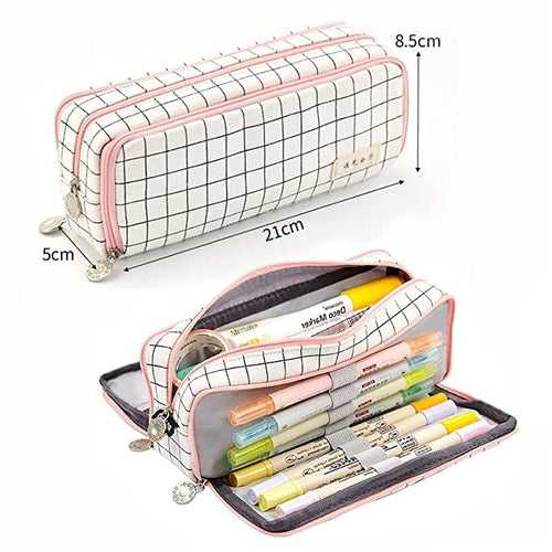 Checkered Multi-functional Big Capacity Pencil Case with Handle