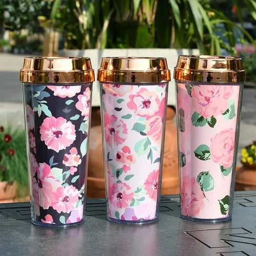 Floral blossoms Double Wall insulated Water Tumbler with Lid | Reusable | 450 ml