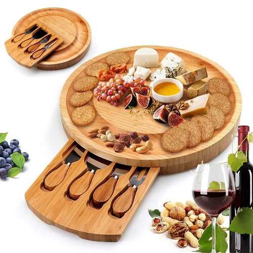 Wooden cheese platter with knife set