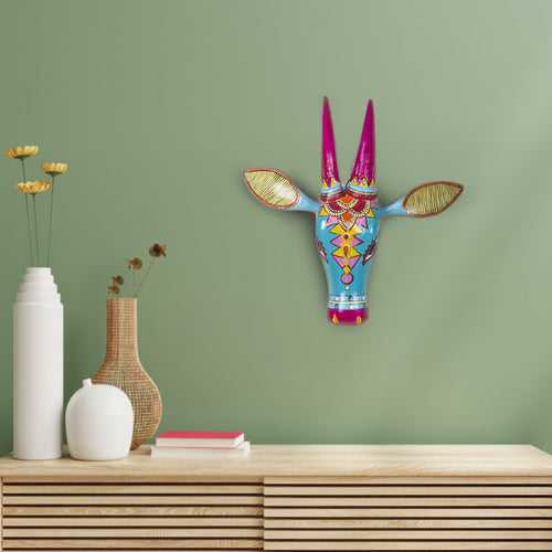 Handcrafted Wooden Nandi Bull Head Wall Decor (Blue)