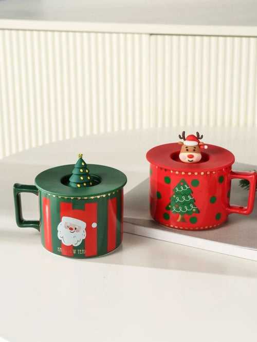 1pc Christmas Ceramic Cup With Silicon lid