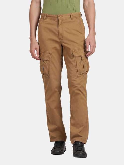 Light Khaki Cotton Elastane Solid Cargo Pant