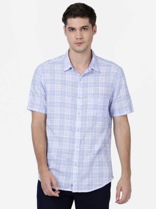 t-base Sky Blue Cotton Checks Shirt