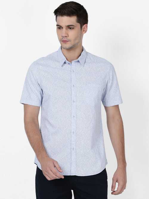 t-base Powder Blue Cotton Linen Printed Shirt