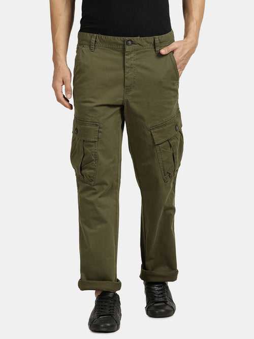 Olive Cotton Elastane Solid Cargo Pant