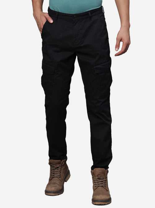 Black Cotton Stretch Solid Cargo Joggers