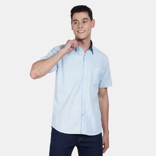 t-base Sky Blue Cotton Linen Solid Shirt