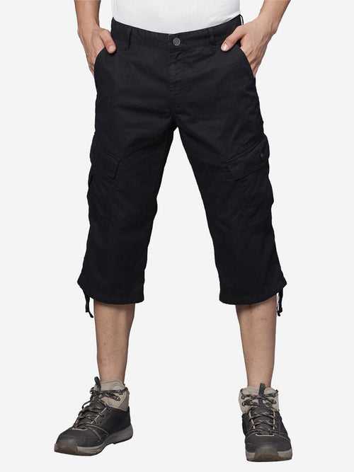 Black Cotton Solid Capri 3/4Th Cargo Pants