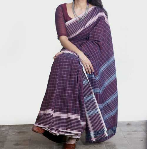 GEOMETRIC SAREE : DARK INDIGO : ALIZARIN RED