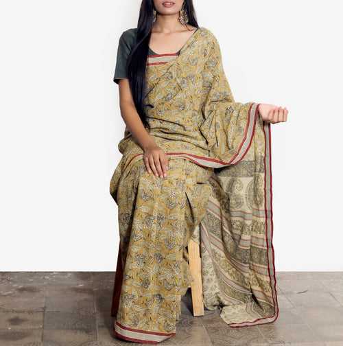 KALAMKARI SAREE : ANAR YELLOW : LIGHT MEHNDI GREEN : KORA