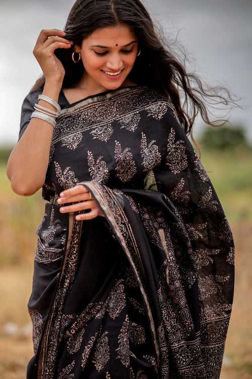 Jharokha -Black Mughal boota floral silk cotton Ajrakh handblockprinted saree