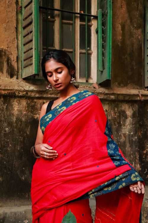 Jharokha -  Blue and Red Ajrakh handblockprinted patchwork Gudri Barmer saree