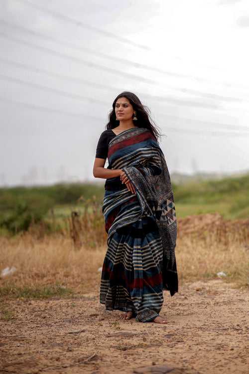 Jharokha -Indigo & black red striped silk cotton Ajrakh handblockprinted saree