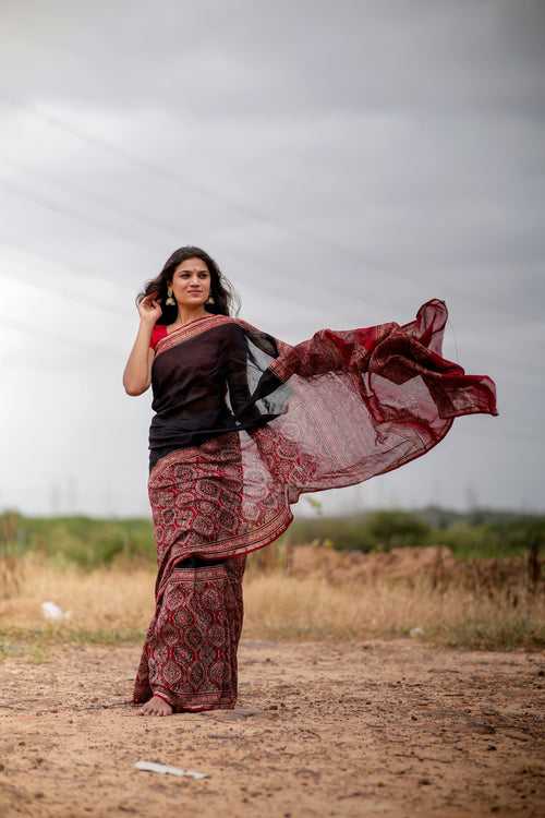 Jharokha - Red & black red striped silk cotton Ajrakh handblockprinted saree