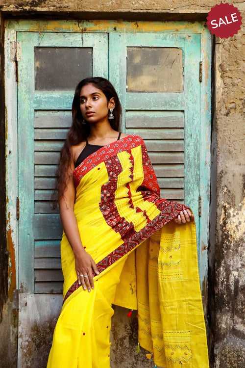 Jharokha -  Yellow and Red Ajrakh handblockprinted patchwork Gudri saree