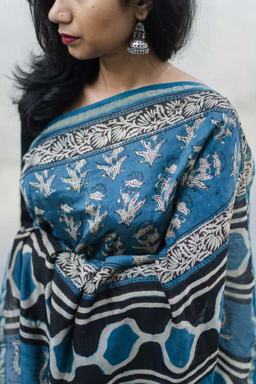 Kaisori Malhar - Dabu Light  Indigo handblockprinted Silk Cotton saree