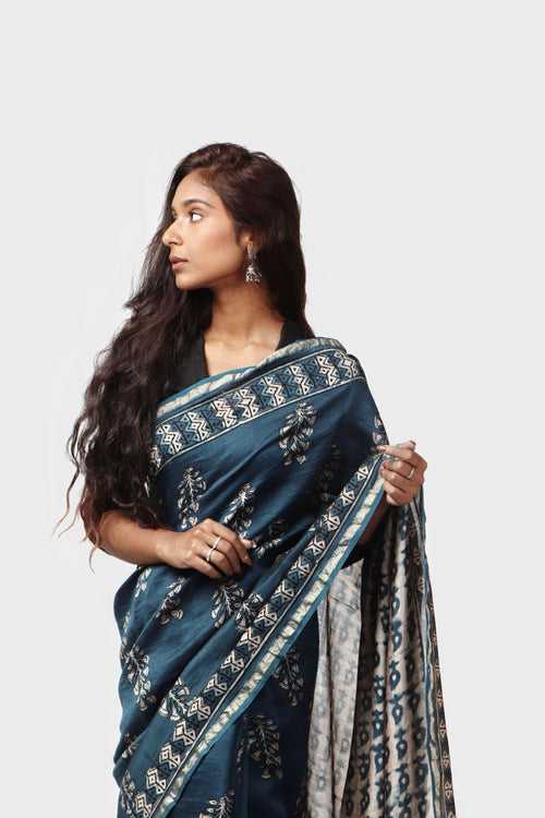 Kaisori Malhar - Dabu Light Indigo twig handblockprinted Silk Cotton saree