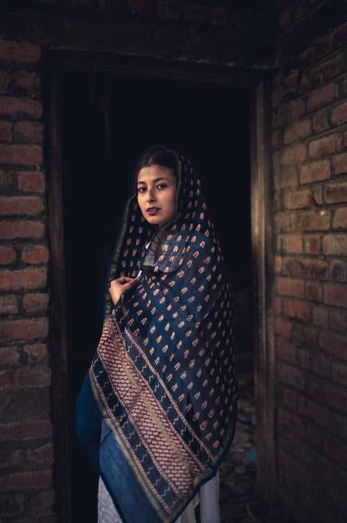 Kaisori Malhar Indigo Pharad boota Silk cottn  handblock printed stole