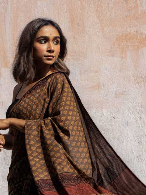 Roheda Brown Mughal Pine natural dyed handblock printed  Bagru saree