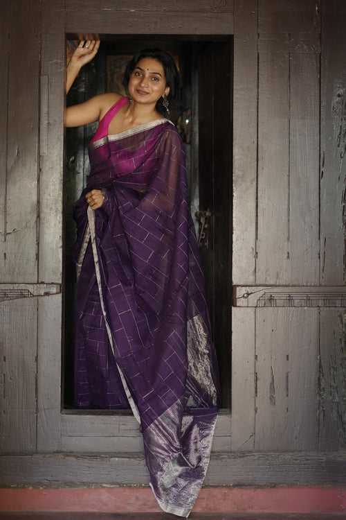 Utsav Purple silk cotton silver Zari Chanderi Saree