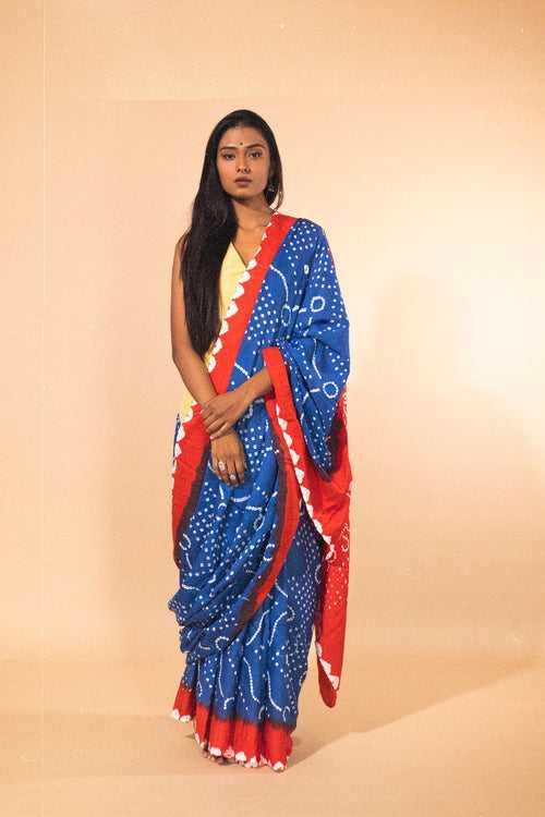 Boond - Kaisori Bandhani orange and blue Bandani  cotton designer saree