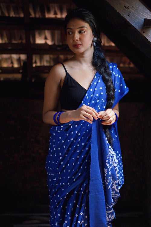 Boond - Bandhani Blue cotton Bandhani cotton saree