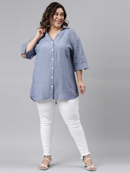 Collar With V-Neck Solid Chambray Blue Shirt