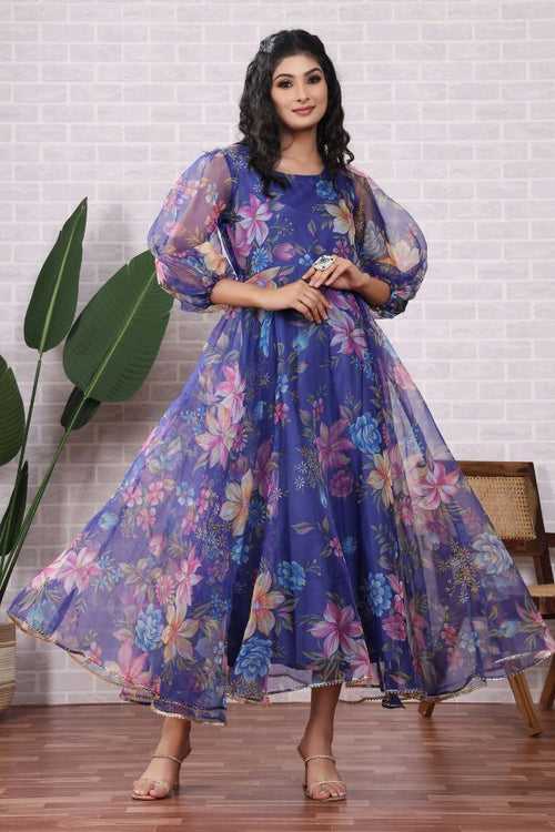 Organza Floral Printed Persian Blue Dress