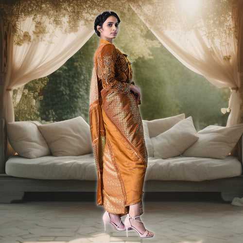 Handmade Zardosi Panel Asymmetric Saree with Full Sleeve Blouse and Metal Neck Piece by Irani Mitra