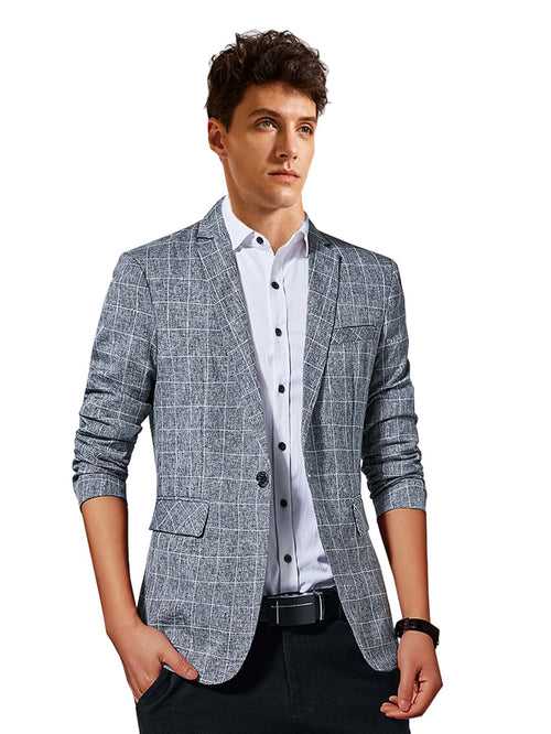 Grey Space Dye Grid Print Single Button Blazer