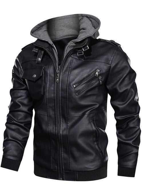 Zip Up Hooded PU Leather Jacket