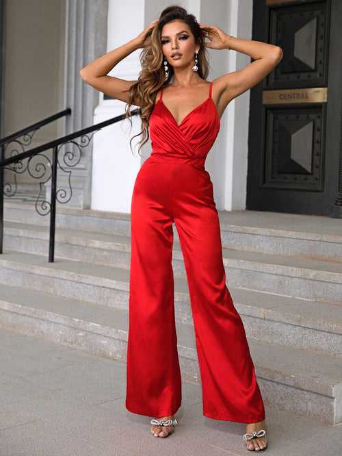 Surplice Neck Wide Leg Spaghetti Strap Sleeveless High Waist Cami Jumpsuit For Women