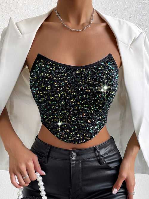 Black Hanky Hem Sleeveless Strapless Sequin Tube Top