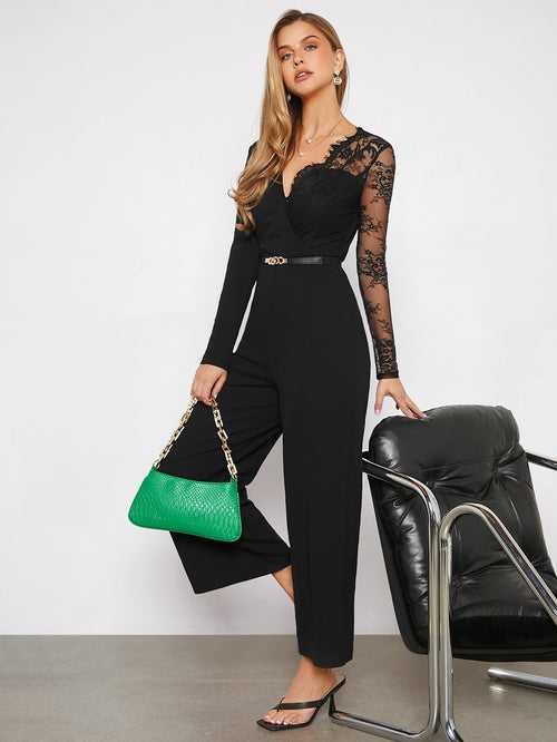 Contrast Lace V-Neck Wide Leg High Waist Jumpsuit For Women