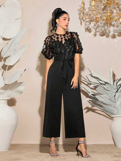 Black Round Neck Floral Applique Contrast Mesh Puff Sleeve Belted Wide Leg Jumpsuit For Women