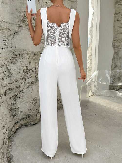 Round Neck Contrast Lace Zip Up Backless Wide Leg High Waist Jumpsuit For Women