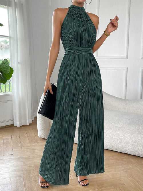 Sleeveless Button Front Halter Neck Wide Leg Plisse Jumpsuit For Women