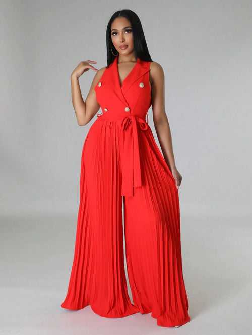 Sleeveless Button Front Pleated Hem Belted Wide Leg High Waist Jumpsuit For Women