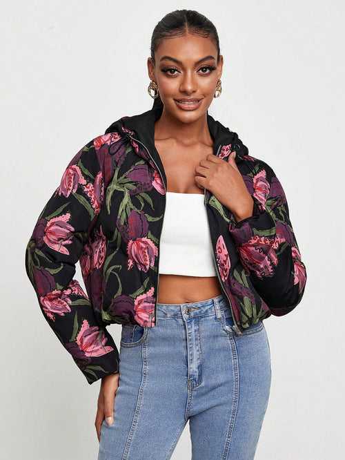 Floral Print Zip Up Hooded Drop Shoulder Puffer Coat