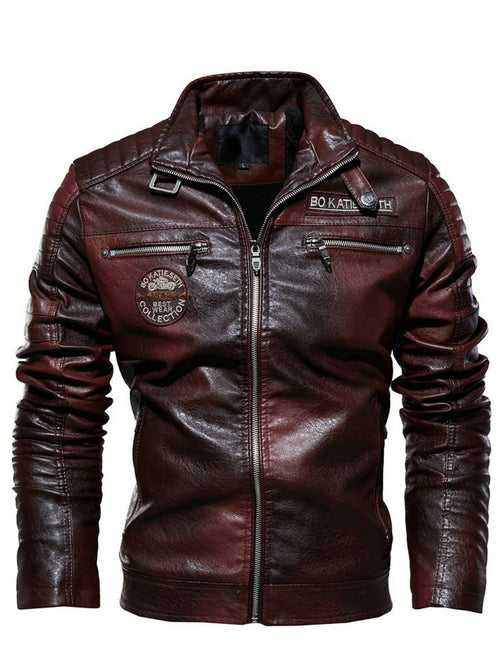 Burgundy Funnel Neck Letter Patched Zip Up PU Leather Jacket