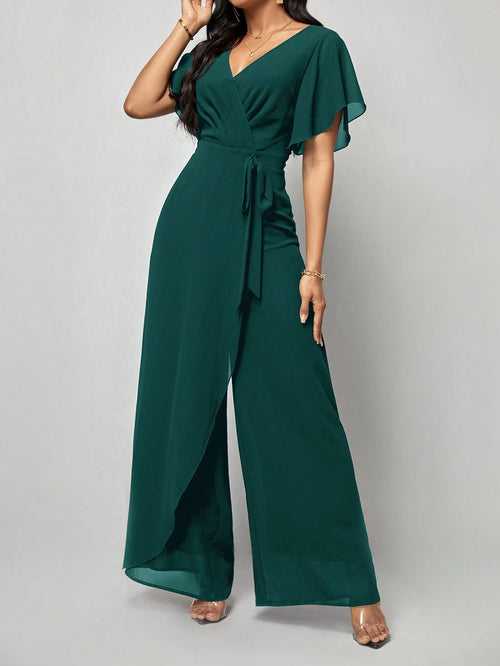 V-Neck Butterfly Sleeve Wrap Belted Wide Leg Jumpsuit For Women