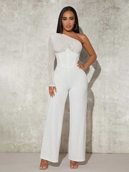 One Shoulder Ruched High Waist Wide Leg Jumpsuit For Women